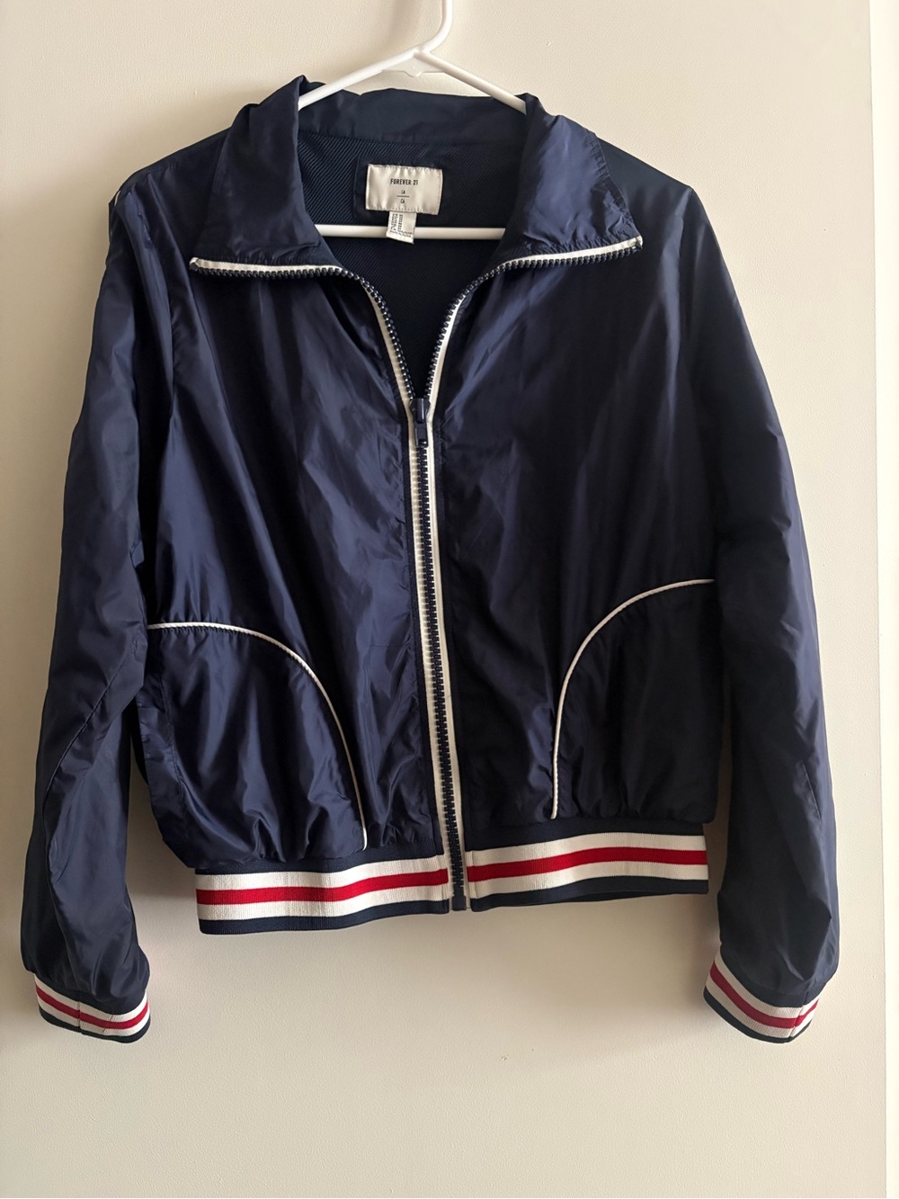 Forever 21 Navy Track Jacket Women’s M Retro Y2K Sporty Striped Windbreaker